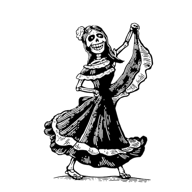 Tag der toten dia de los muertos das skelett in den trachten der mexikanischen frau singt und tanzt vektor handgezeichnete vintage-gravur für plakatetikett isoliert auf weißem hintergrund