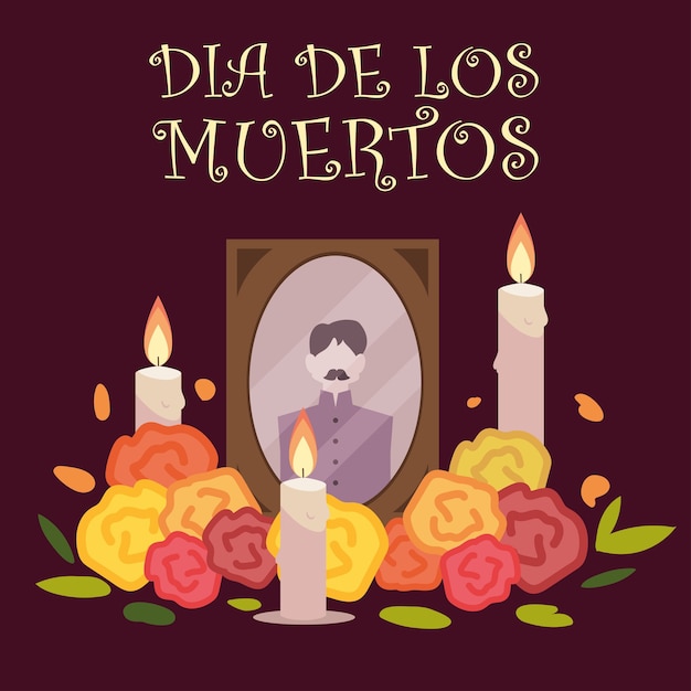 Tag der toten, rahmenfoto mit kerzen und blumen mexikanische feier