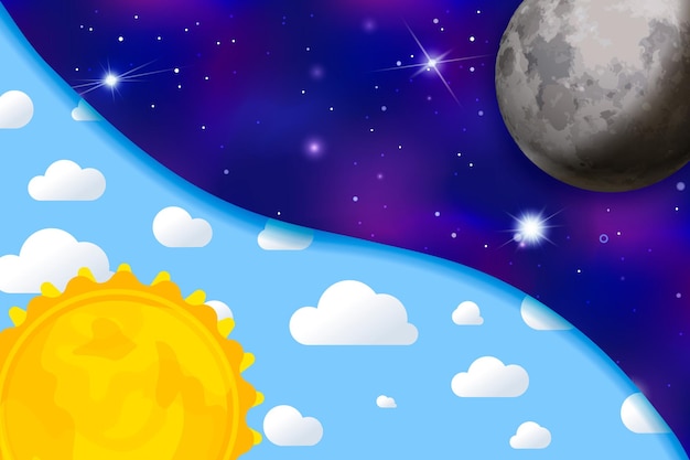 Tag und Nacht, bunte kindliche Illustration mit Sonne, Himmel, Wolken, Mond und Sternen