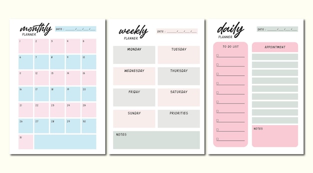 Vektor tagesplaner wochenplaner monatsplaner pastellfarben ästhetisch