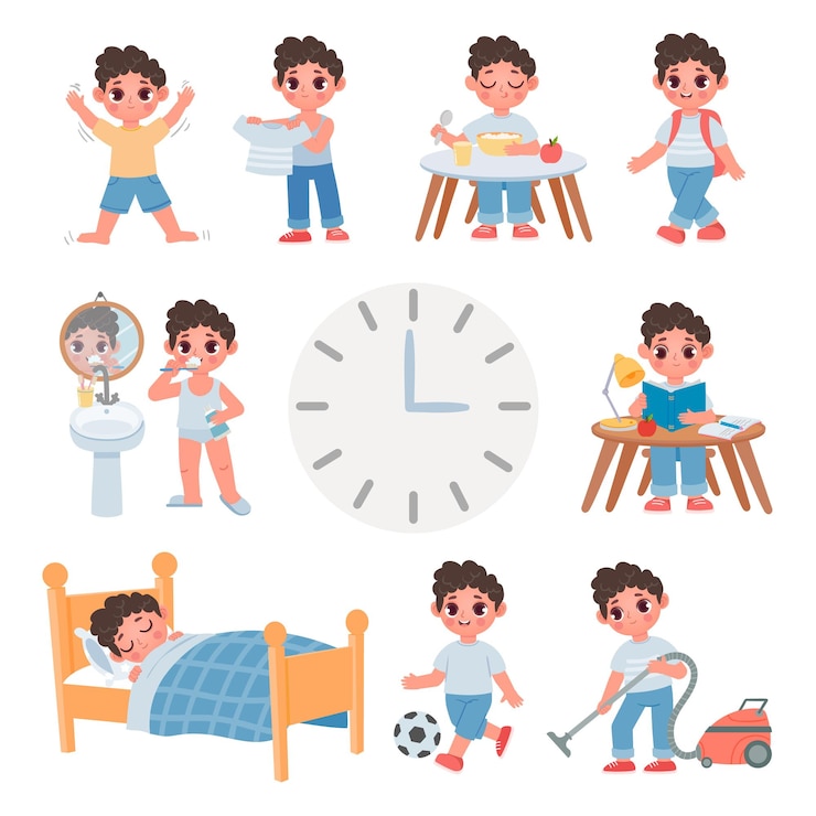 Vektor tagesroutine für cartoon-schulkinderjungen. tagesablauf mit süßem jungen schlafen, essen, spielen, lernen und putzen. gesundheits-lifestyle-vektor-set. illustration des alltäglichen jungen, tägliche morgenspielstudie