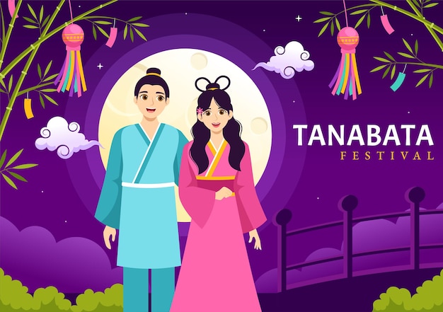 Tanabata-Festival-Illustration mit Menschen, die Kimono und Pfingstrosenblumen am Nationalfeiertag tragen