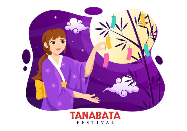 Tanabata-Festival-Illustration mit Menschen, die Kimono und Pfingstrosenblumen am Nationalfeiertag tragen