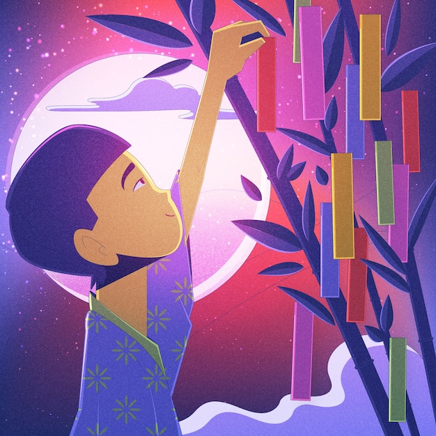 Tanabata-illustration mit farbverlauf und hängenden ornamenten