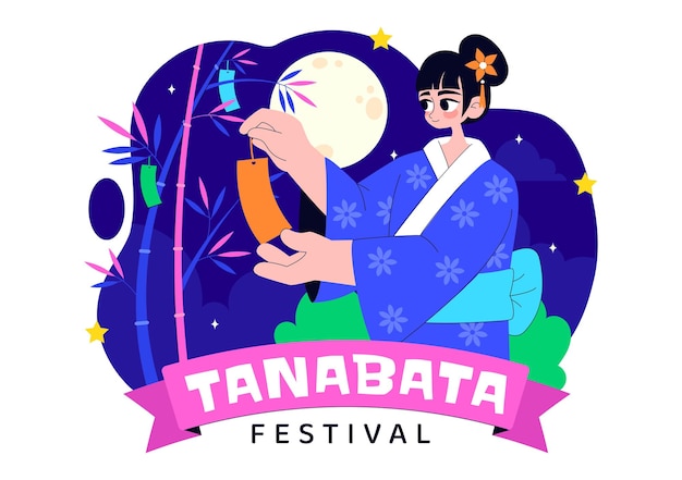 Tanabata Japan Festival Vektor-Illustration mit Menschen, die Kimono und Pfeonenblumen in einem Cartoon-Hintergrund im Nationalfeiertag-Flat-Stil tragen