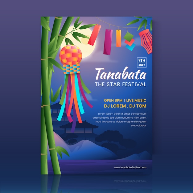 Tanabata-Plakatschablone mit Farbverlauf mit Dekorationen auf Bambus