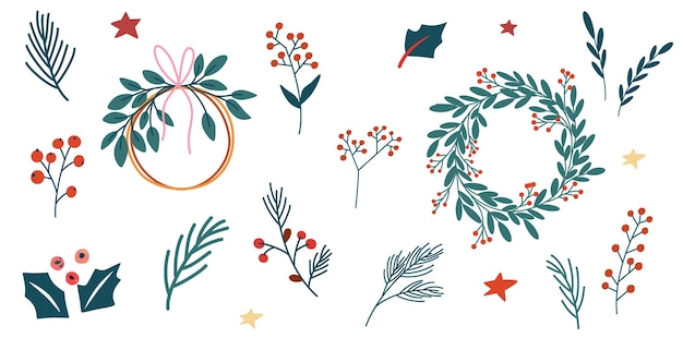 Vektor tannenzweige kränze blatt weihnachtsdekoration baum zweige blätter beeren blumen natürliches dekor xmas floral design-elemente gesetzt vektor-illustration handgezeichnet isoliert auf dem weißen hintergrund