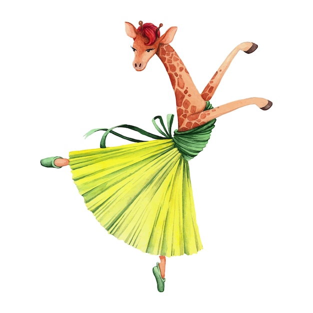 Tanzende ballerina in einem grünen und gelben kleid. giraffe.