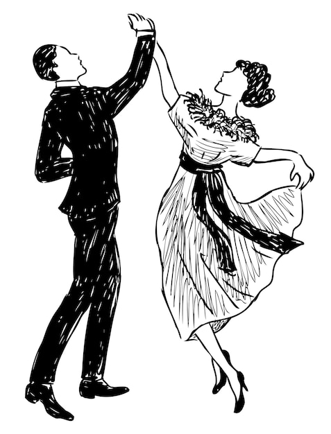 Tanzpaar anmutige elegante dame und herr in vintage-kostümen vektor schwarz-weiß handzeichnung retro-stil