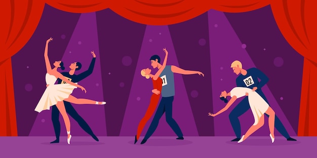 Tanzwettbewerb Sportpaar Tanzturnier professionelle Tänzer Charaktere auf der Bühne Gruppenprogramm Aufführungsshow Verschiedene Arten tanzen lateinamerikanischen Tango und Walzer Vektorkonzept