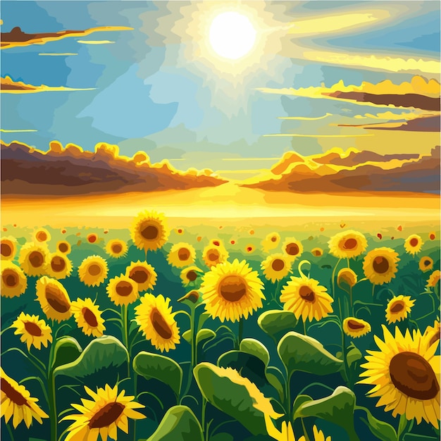 Tapete sonnenblumenfeldlandschaft gegen blauen himmel mit wolkennaturvektorillustration