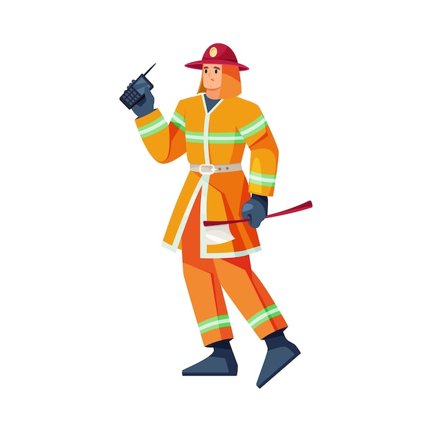 Tapferer Feuerwehrmann mit Walkie-Talkie-Axt in der Hand