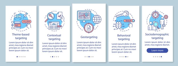 Targeting-typen beim onboarding des seitenbildschirms der mobilen app mit linearen konzepten. personalbasierte zielgerichtete werbung schritt für schritt grafische anweisungen. ux, ui, gui-vektorvorlage mit illustrationen