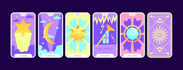 Vektor tarot-karten-flat-deck-cartoon taro-karte major arcana star moon sun urteil welt okkulter vektorsatz