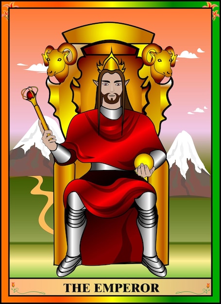 Tarotkarten-kaiser der kaiser sitzt auf seinem thron aus gold und hält ein zepter und einen reichsapfel der macht. der kaiser verteidigt sein land und sein volk