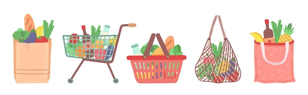 Tasche für lebensmittelgeschäft. einkaufswagen, lieferpaket vom supermarkt. naturwaren-marktkorb mit gemüsefruchtvektorillustration. trolley und karren voll bis zur lieferung