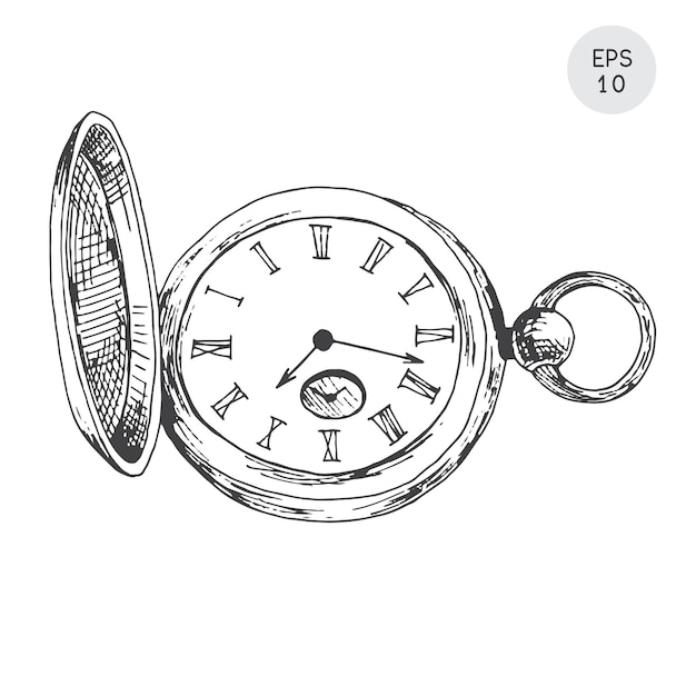 Vektor taschenuhr im retro-stil, isoliert auf weiss. im sketch-stil.