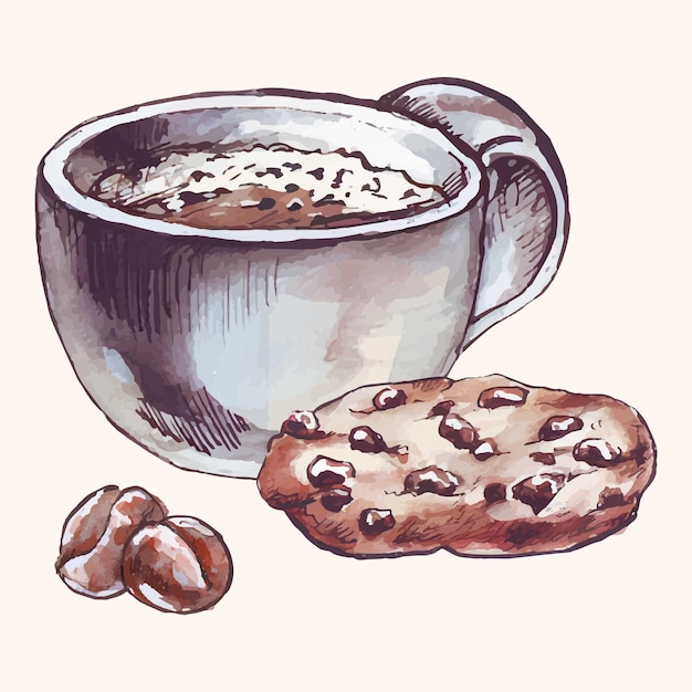 Tasse kaffee mit cookie-vektor-aquarellillustration