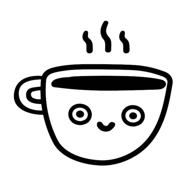 Tasse Kaffee mit lustigem Vektor-Design-Symbol, Umriss-Illustration auf weißem Hintergrund