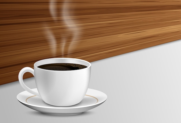 Tasse Kaffee mit Rauche auf einem Holztisch