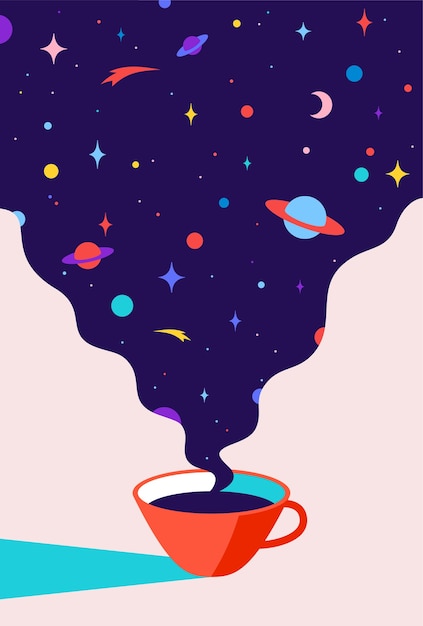 Tasse kaffee mit universumsträumen, planet, sternen, kosmos.