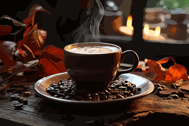 Vektor tasse kaffee und kaffeebohnen auf schwarz-weißem hintergrund