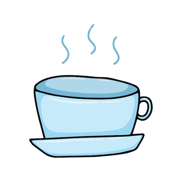 Tasse mit Griff auf Untertasse mit Dampf-Heißgetränk Kaffee oder Tee Doodle lineare Cartoon-Färbung