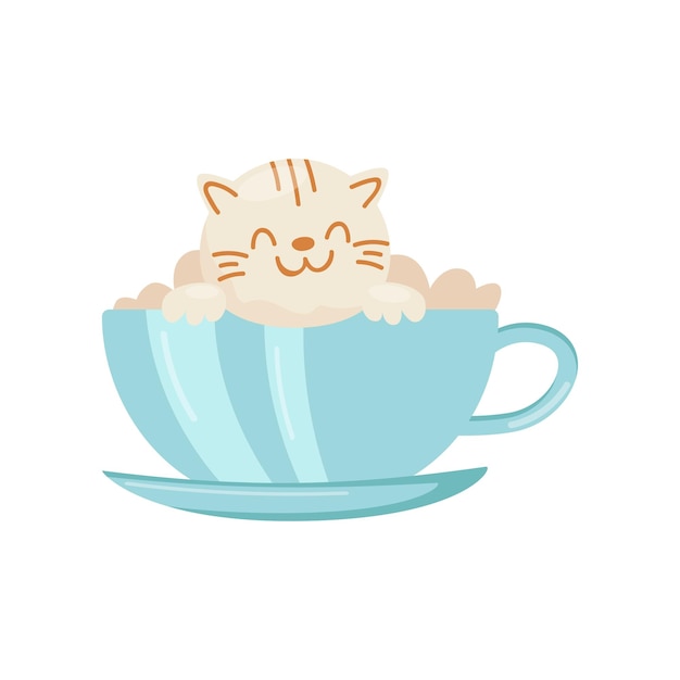 Tasse schokoladenkaffee, kakao, dekoriert mit sahnekatze, niedliche kawaii-lebensmittel-cartoon-charakter-vektorillustration isoliert auf weißem hintergrund