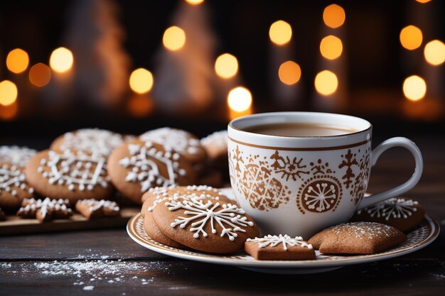 Vektor tasse schwarzer kaffee mit weihnachts-gingerbread-kuchen auf schwarzem holzgrund