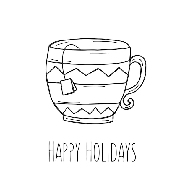 Tasse tee auf weißem hintergrund vektordarstellung im doodle-stil winterstimmung hallo 2023 frohe weihnachten und ein gutes neues jahr