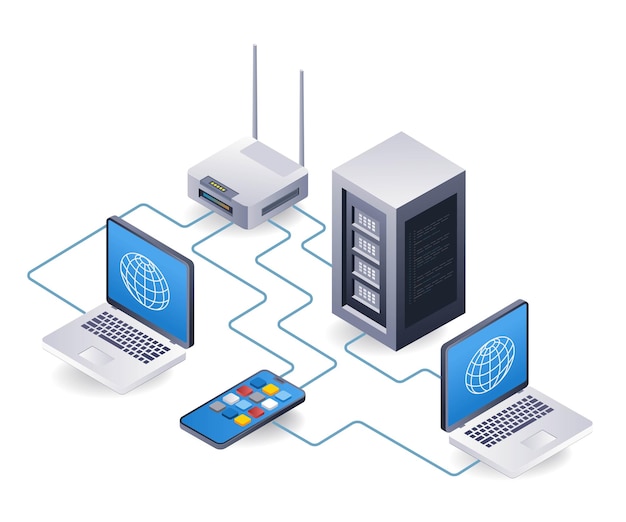 Tathering-system für computer-netzwerk-server-entwickler konzept flache isometrische 3d-illustration