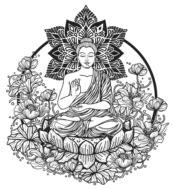 Tattoo-Kunst-Buddha auf Lotushandzeichnung und -skizze
