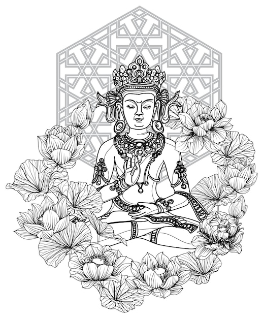 Vektor tattoo-kunst-buddha-design auf lotushandzeichnung und -skizze