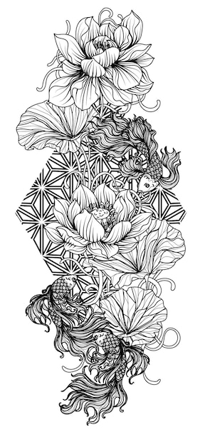 Tattoo-kunst siamesischer kampffisch in lotushandzeichnung und -skizze
