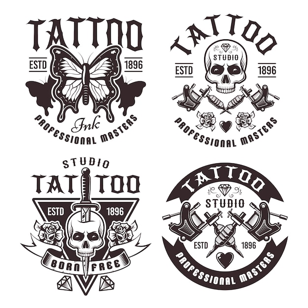 Tattoo studio set von vier vintage emblemen