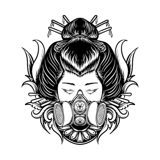 Tattoo und t-shirt design schwarz und weiß hand gezeichnete illustration geisha mit gasmaske gravur