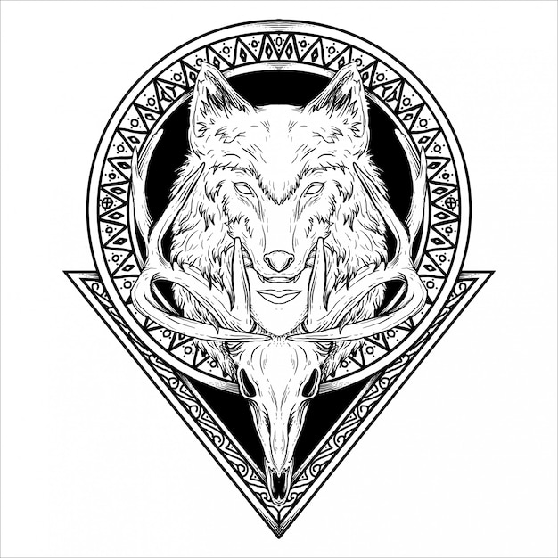 Tattoo und t-shirt design schwarz und weiß hand gezeichnete illustration wolfskopf mensch und hirsch schädel im kreis und dreieck