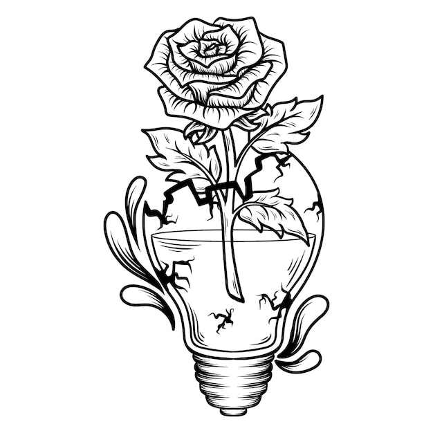 Vektor tattoo und t-shirt-design schwarz-weiß handgezeichnet blumenrose mit lampe