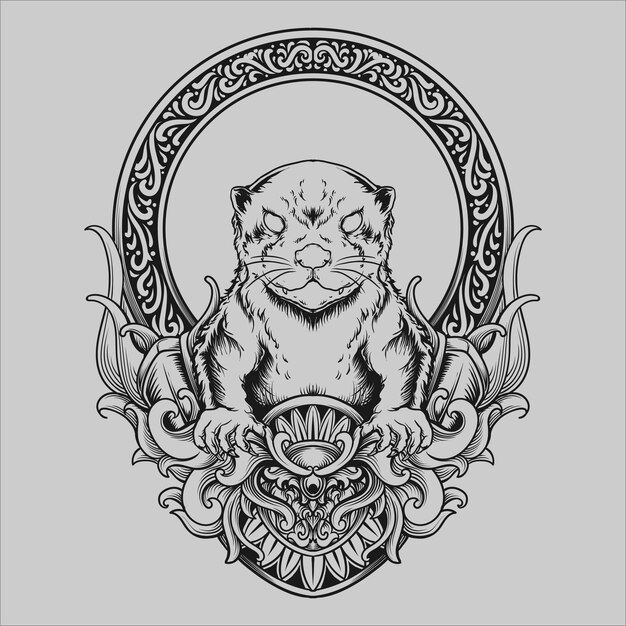 Tattoo und t-shirt design schwarz-weiß handgezeichnete otter gravur ornament