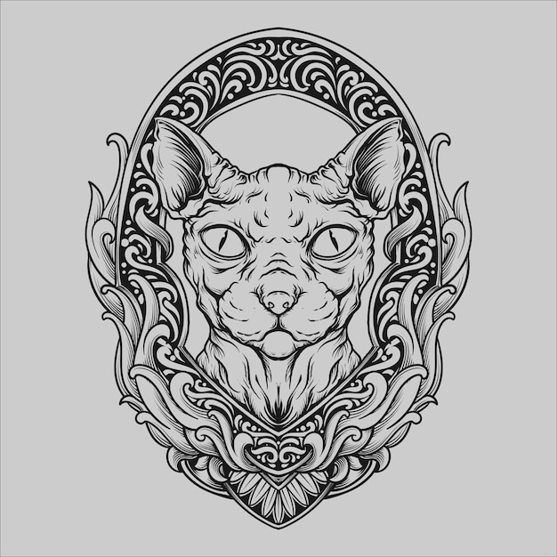 Tattoo und t-shirt design schwarz-weiß handgezeichnete sphynx katze gravur ornament