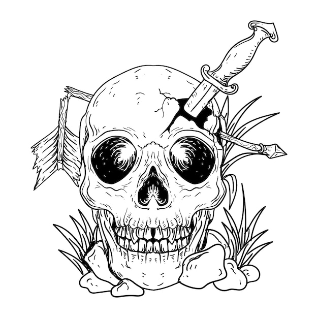 Tattoo und T-Shirt Design Schwarzweiss Hand gezeichnete Illustration menschlichen Schädel mit Pfeil und Messer