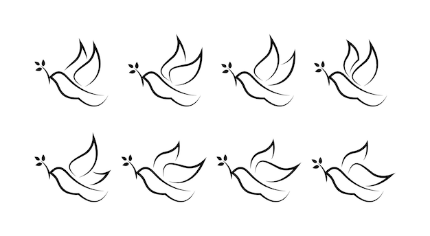 Taube mit zweig linie taubensilhouetten tauben- und taubenvogel-vektorsilhouetten tauben-icon-set friedenstauben friedenssymbole vektorgrafik eps 10