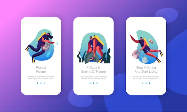 Taucher, die im ozean schwimmen, sammeln schwimmenden seemüll im verschmutzten wasser mobile app page onboard screen set.