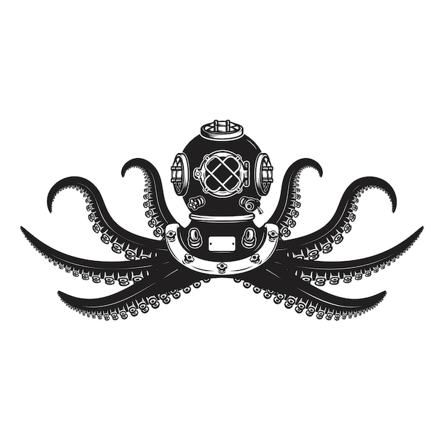 Vektor taucherhelm mit oktopus-tentakeln