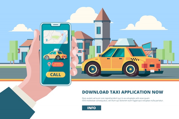 Taxi bestellen. smartphone in der hand online drücken bestellknopf städtische mobilität taxi in der nähe von gebäuden konzeptbild