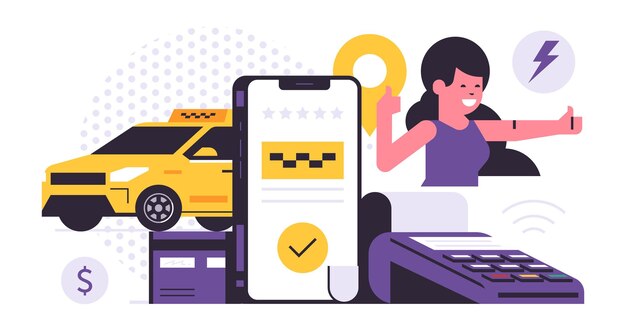 Taxi-bestellservice mobiles anwendungskonzept telefon mit anwendung für die bestellung eines taxis auf dem display erfolgreiche online-zahlung für den city-taxi-service gelbes auto glückliche frau flache illustration