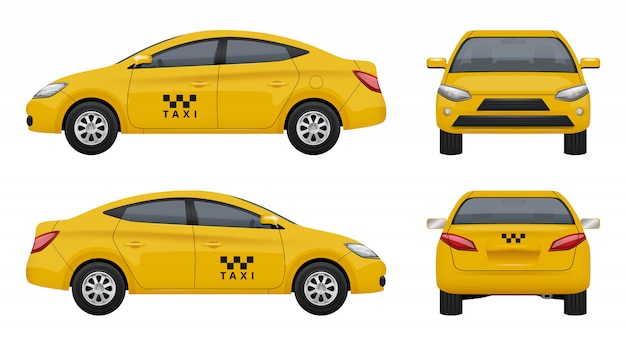 Taxi realistisch. gelbe stadtauto-fahrzeugbranding-taxis stellten oberste linke und rechte seite 3d die lokalisierten bilder ein