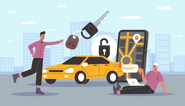 Taxi-Service Mobile Anwendung für die Suche nach einem Auto Cartoon-Figuren, die ein Auto an eine bestimmte Adresse rufen Männer mit Auto-Schlüssel Taxi-Anfrage Smartphone-App-Nutzer Vektorkonzept