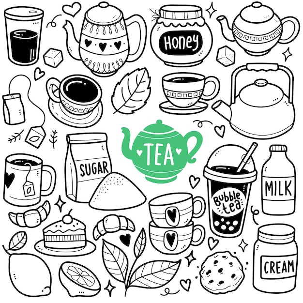 Vektor tea time schwarz-weiß-doodle-illustration