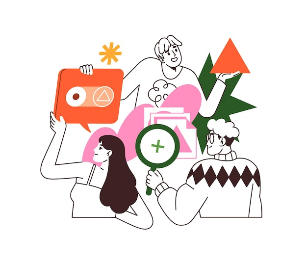 Team creates design elements for user interface Designers update GUI redesign UIUX of web site Concept of mobile app development Flat isolated outline vector illustration on white background